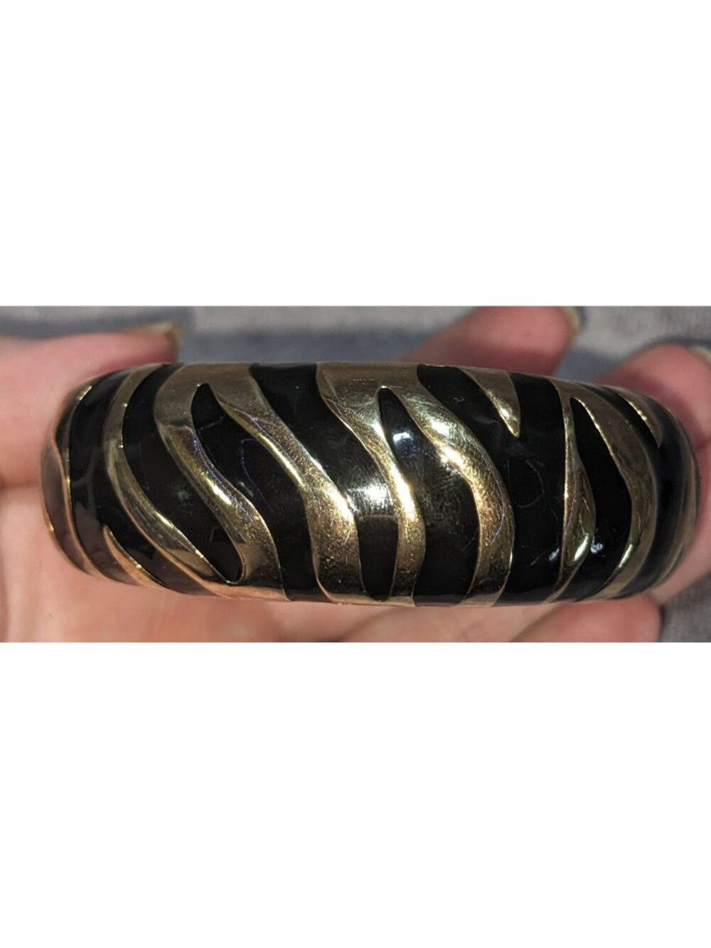 Vintage Glam Animal Print Black Enamel Gold Tone Zebra Clamper Bracelet